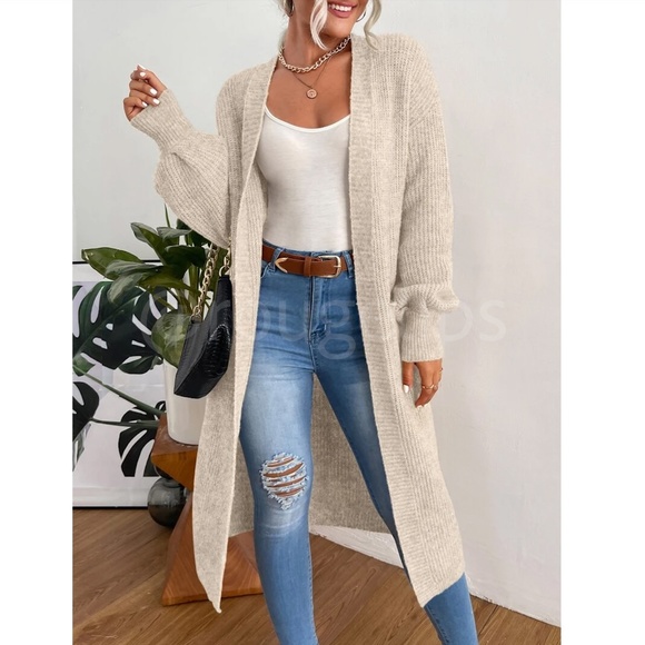 Oatmeal Beige Duster Cardigan Front Pockets Cable Knit Long Sleeve Midi Length - Picture 4 of 8